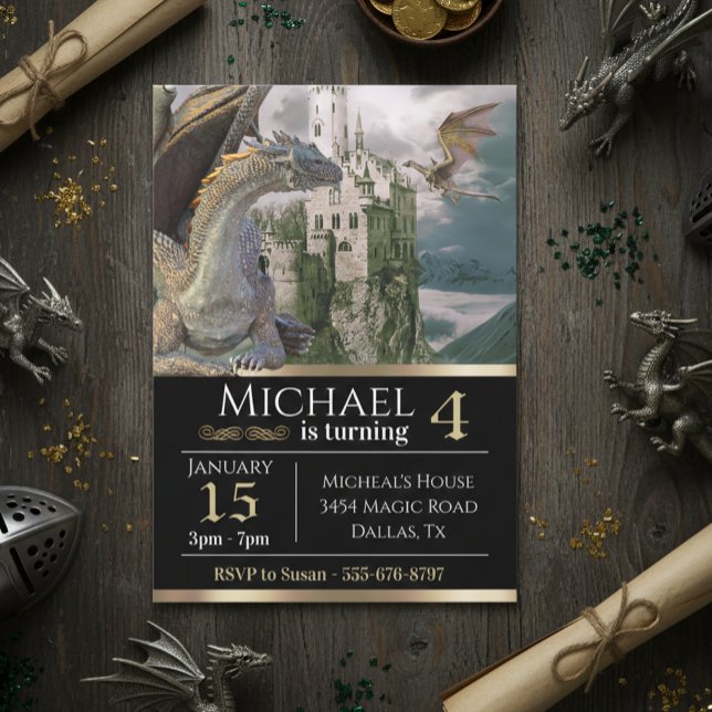 Bronze Dragon Medieval Castle Metallic Birthday Inbjudningar (Skapare uppladdad)