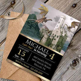 Bronze Dragon Medieval Castle Metallic Birthday Inbjudningar