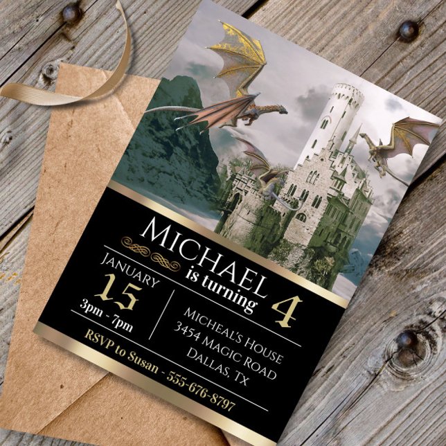 Bronze Dragon Medieval Castle Metallic Birthday Inbjudningar (Skapare uppladdad)