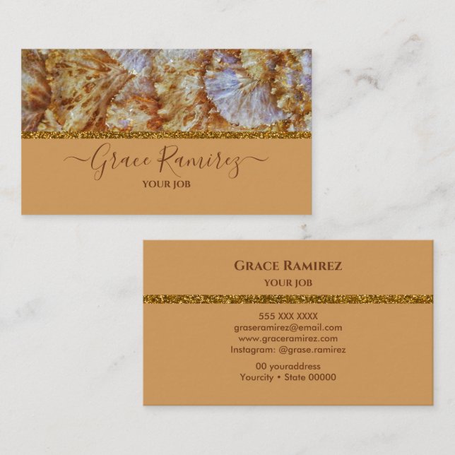 Bronze | Faux Guld Glitter Marble Agate Monogram Visitkort (Fram/baksida)