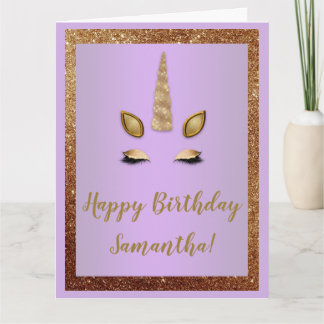 Bronze Glitter och Lila Guld Unicorns födelsedag Kort