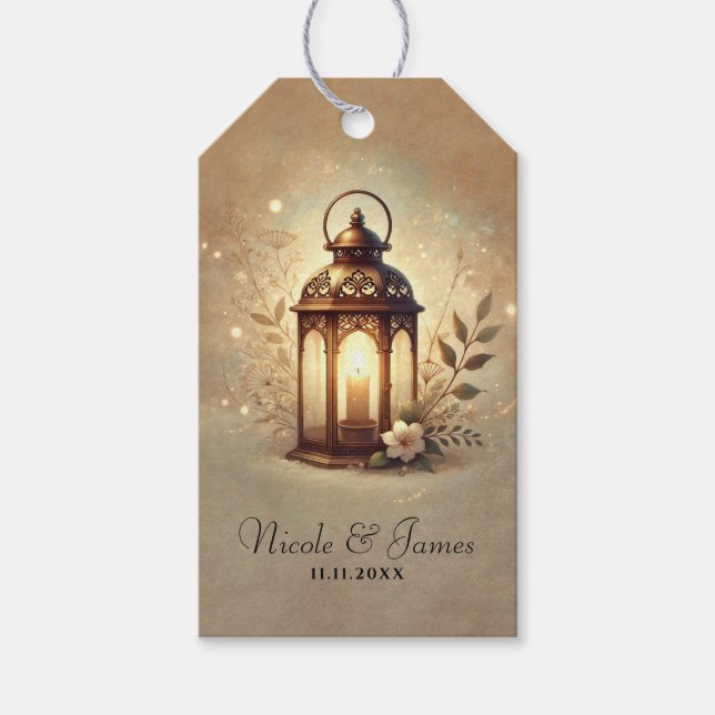 Bronze Glowing Lantern Romantic Rustic Bröllop Presentetikett (Framsidan)