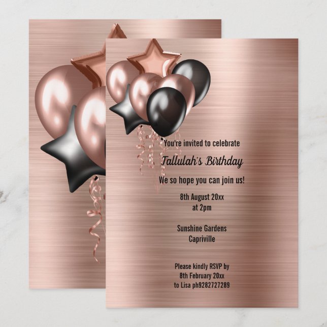 BRONZE METALLIC BUNCH OF BALLOONS INVITATION INBJUDNINGAR (Fram/baksida)