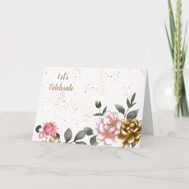 Bronze och Rosa Watercolor Peony Speckled Birthday Kort (Framsida)