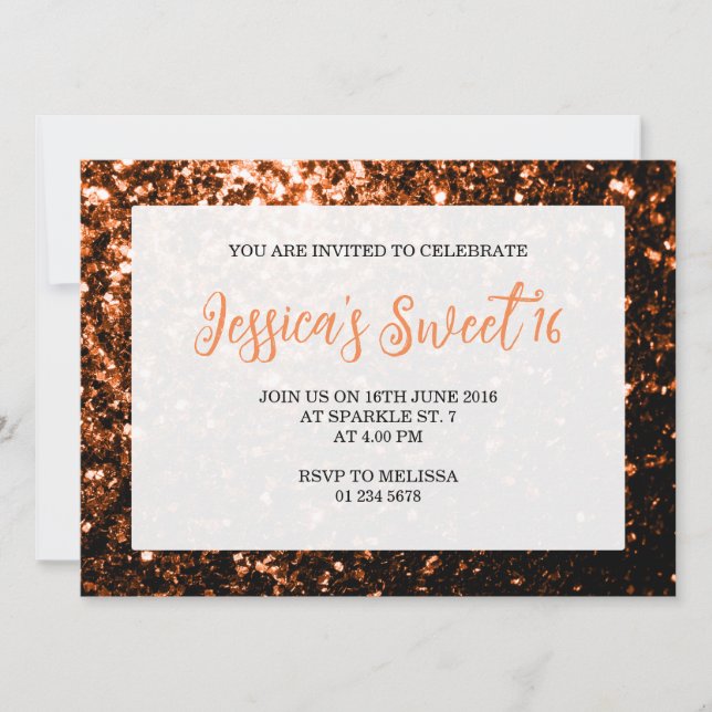 Bronze orange sparkles Sweet 16 elegant script Inbjudningar (Framsida)