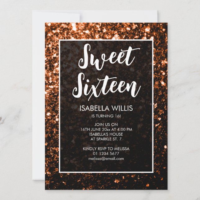 Bronze orange sparkles Sweet 16 elegant script Inbjudningar (Framsida)