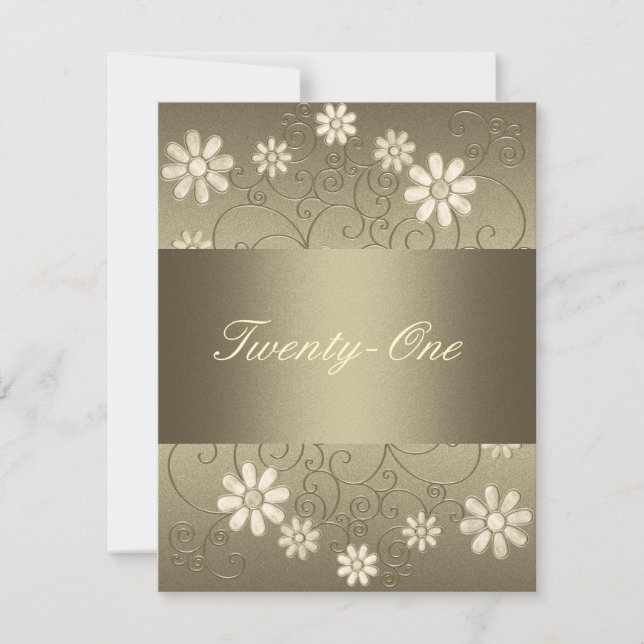 Bronze Pewter Metall Cream Flowers 21:a födelsedag Inbjudningar (Framsida)