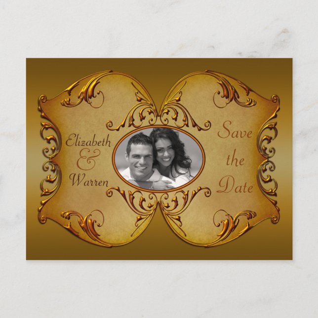 Bronze Scrollss Save Date Postcard with Photo Meddelande Vykort (Framsida)