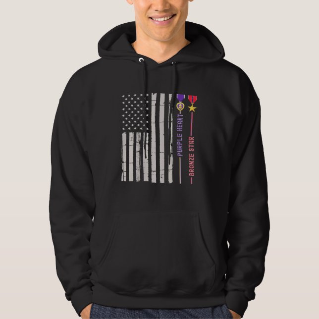 Bronze Star Lila Heart Medal Award USA Flagga Vete Hoodie (Framsida)
