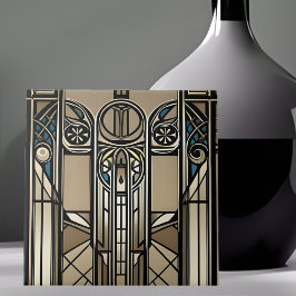 Bronze Tone och Blue Art Deco Geometric Kakelplatta