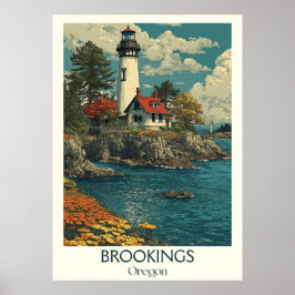 Brookings Oregon Vintage Lighthouse Coastal Art Poster
