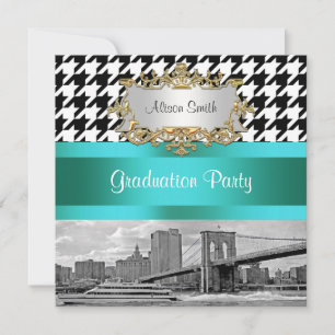 Brooklyn Bridge Blk Wht Houndstooth 2 Examen Inbjudningar