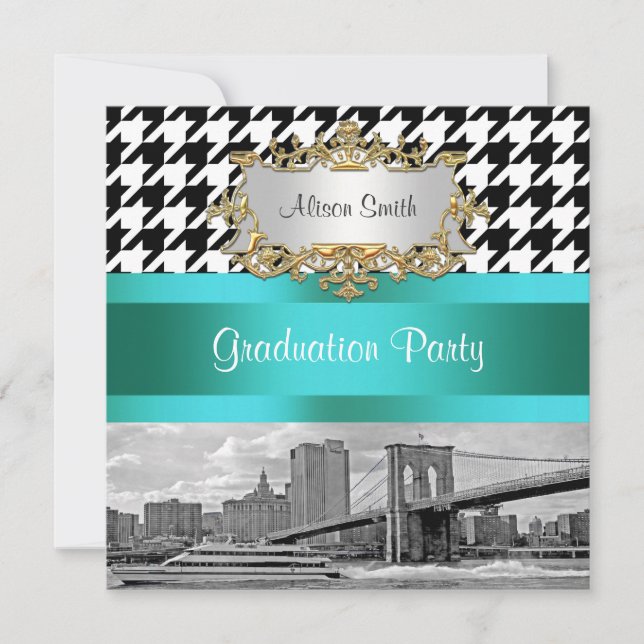 Brooklyn Bridge Blk Wht Houndstooth 2 Examen Inbjudningar (Framsida)