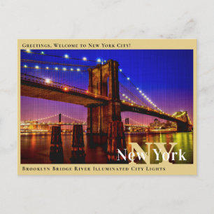 Brooklyn Bridge Floden Illuminerad Stadsljus Vykort