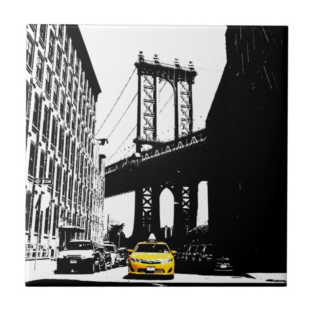 Brooklyn Bridge Gult Taxi New York City Ny Nyc Kakelplatta (Framsidan)