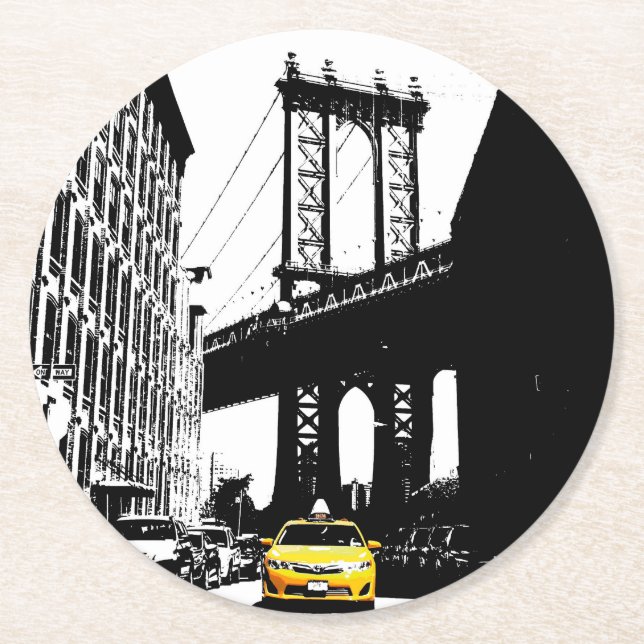 Brooklyn Bridge Gult Taxi Nyc New York City Underlägg Papper Rund (Framsidan)