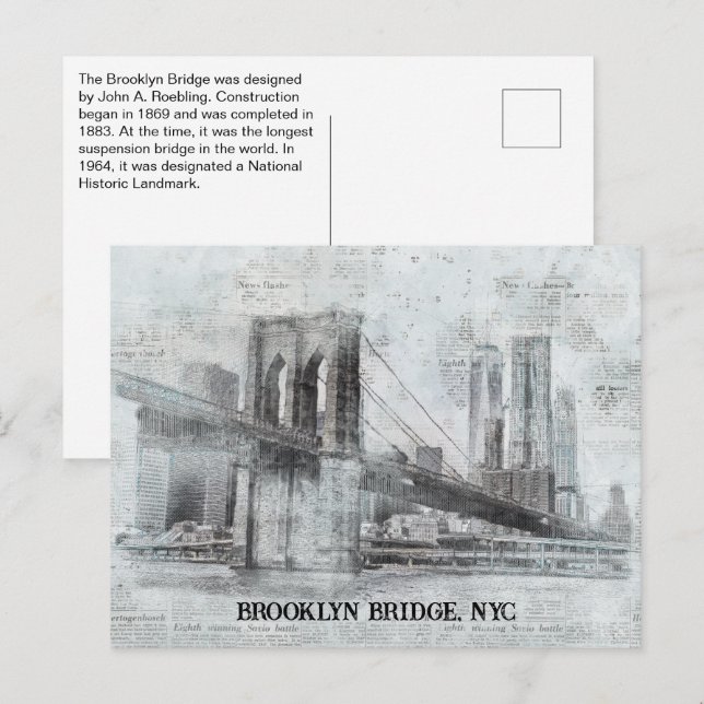 Brooklyn Bridge Information, NYC Vykort (Fram/baksida)