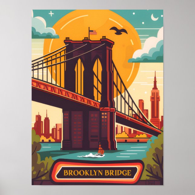 Brooklyn Bridge Manhattan NYC Retro Travel Poster (Framsidan)