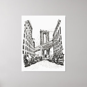Brooklyn Bridge New York Black White Illustration Canvastryck