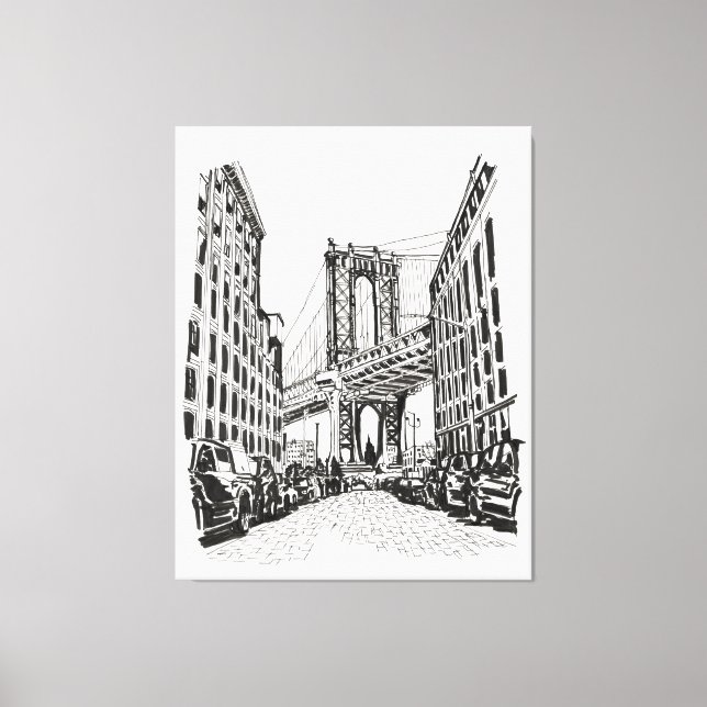 Brooklyn Bridge New York Black White Illustration Canvastryck (Framsida)