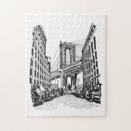 Brooklyn Bridge New York Black White Illustration Pussel