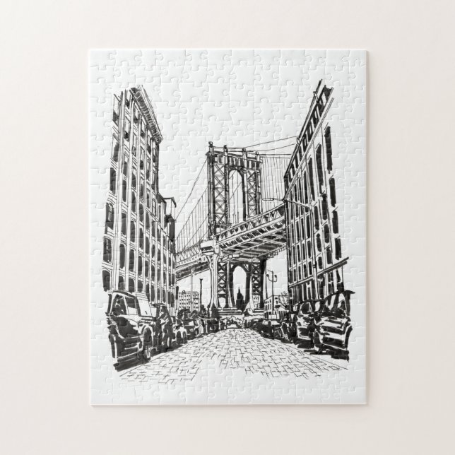 Brooklyn Bridge New York Black White Illustration Pussel (Vertikal)