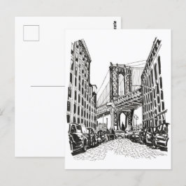 Brooklyn Bridge New York Black White Illustration Vykort