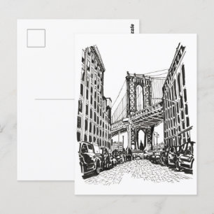 Brooklyn Bridge New York Black White Illustration Vykort
