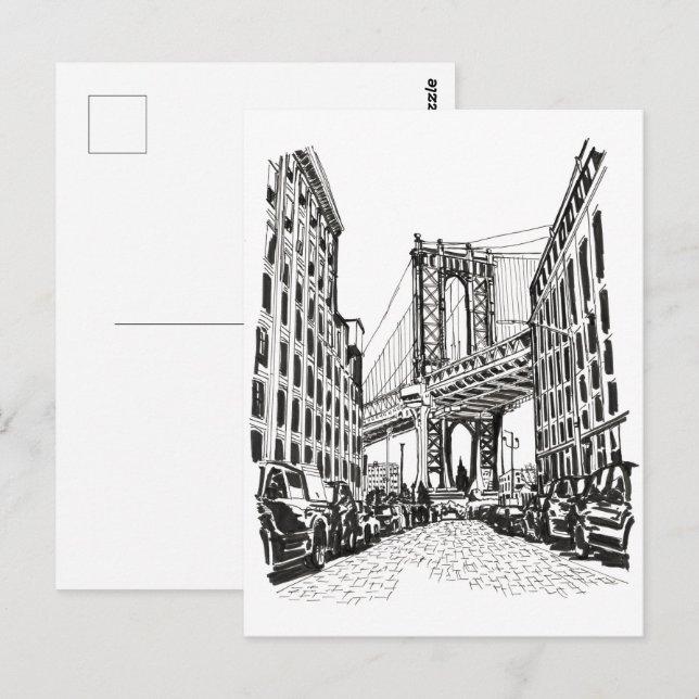 Brooklyn Bridge New York Black White Illustration Vykort (Fram/baksida)