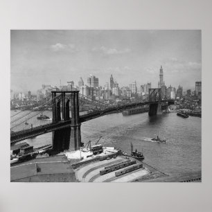 Brooklyn Bridge & New York Skyline, 1920. Vintage Poster