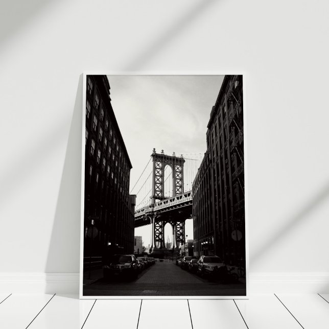 Brooklyn Bridge Poster (Brooklyn Bridge Poster in white frame on white wooden floor.)