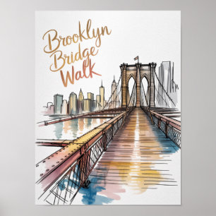 Brooklyn Bridge Promenad Bläck Och Akvarell Poster