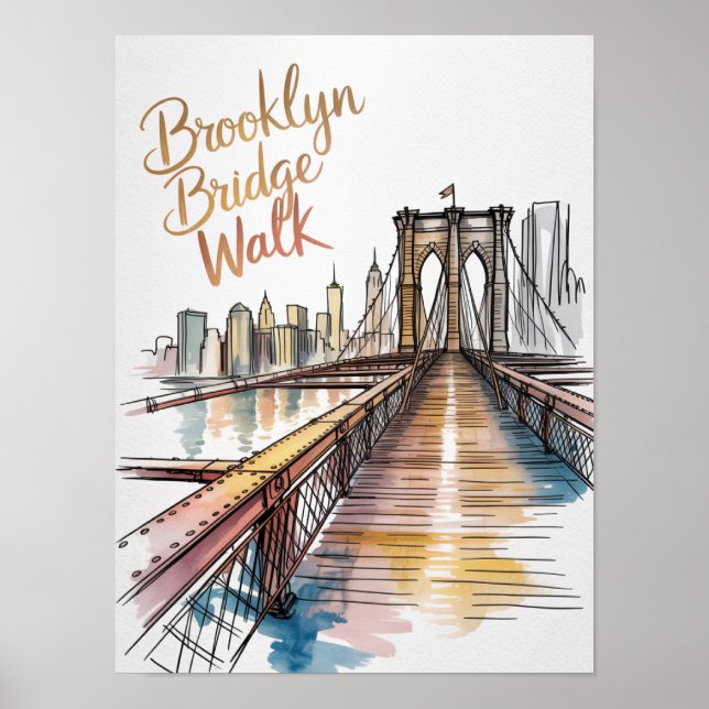 Brooklyn Bridge Promenad Bläck Och Akvarell Poster (Framsidan)