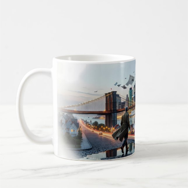 Brooklyn Bridge Skymning Ensam Gångare Stad Mugg (Vänster)