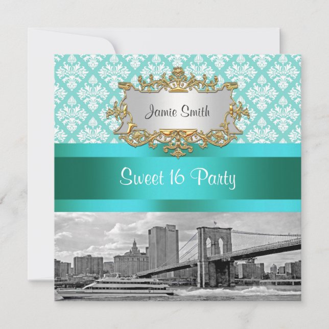 Brooklyn Bridge Turkos Vit Damask Sweet 16 Inbjudningar (Framsida)