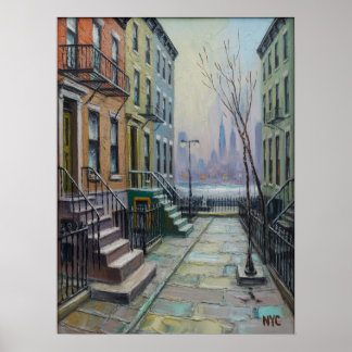 Brooklyn Brownstone-rad med Manhattan-siluett Poster