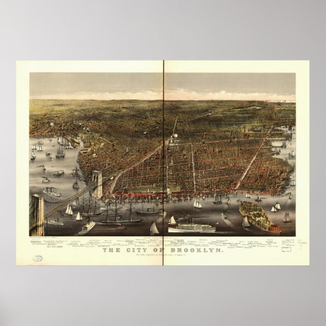 Brooklyn New York 1879 Antique Panoramic Karta Poster (Framsidan)