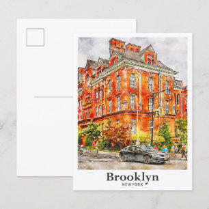 Brooklyn New York Resa Vattenfärg Handritad Vykort