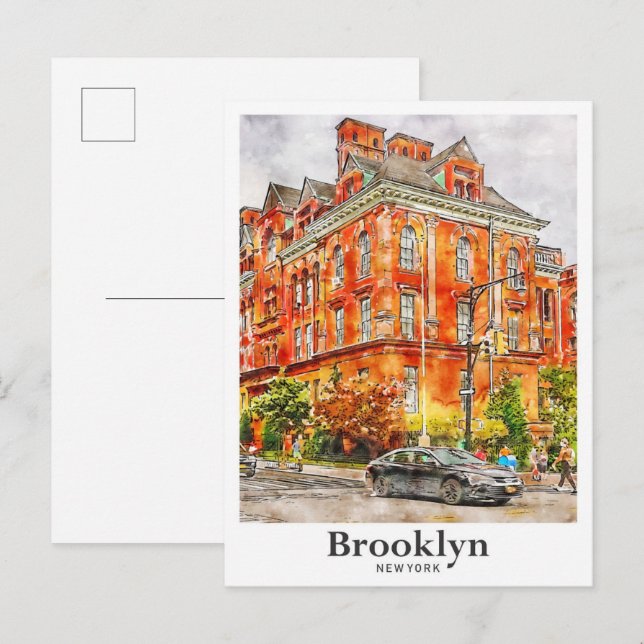 Brooklyn New York Resa Vattenfärg Handritad Vykort (Fram/baksida)
