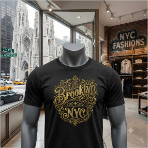 Brooklyn NYC utsmyckad typografi konst i guld T Shirt