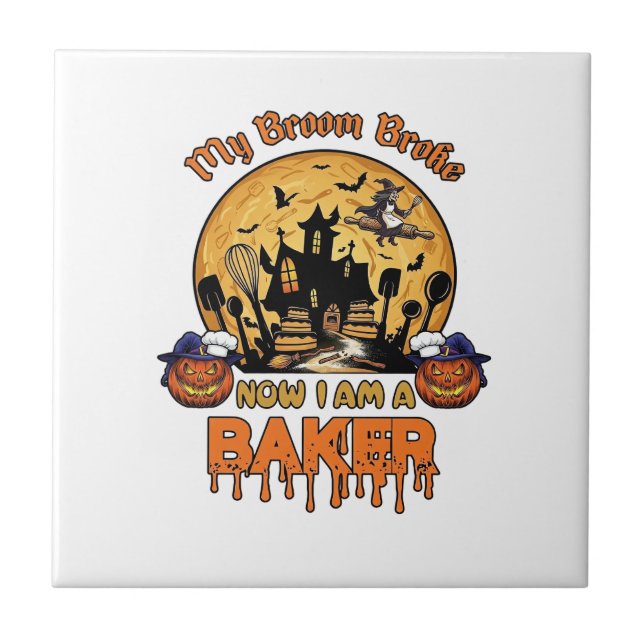 Broom Broke Baker Halloween Häxa Chef Pumpkin_1 Kakelplatta (Framsidan)