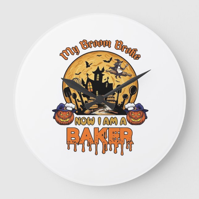 Broom Broke Baker Halloween Häxa Chef Pumpkin_1 Stor Klocka (Framsida)