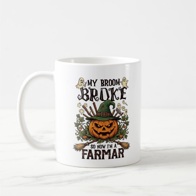 Broom Broke Farmar Halloween Pumpa Häxa Hatt Gho Kaffemugg (Vänster)