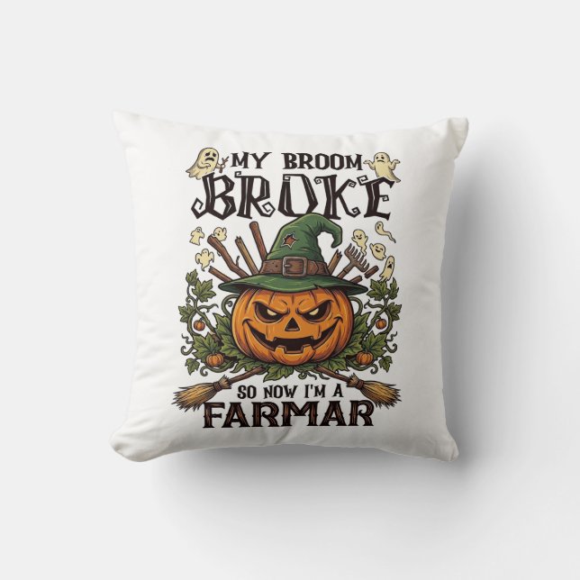 Broom Broke Farmar Halloween Pumpa Häxa Hatt Gho Kudde (Framsida)