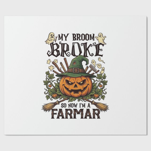Broom Broke Farmar Halloween Pumpa Häxa Hatt Gho Presentpapper (Platt)