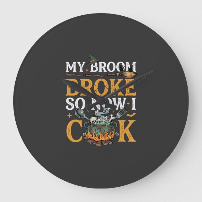 Broom Broke Halloween Cauldron Skulls Black Cat_1 Stor Klocka (Framsida)