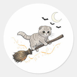 Broomstick Fold - Cute Scottish Fold Cat Halloween Runt Klistermärke