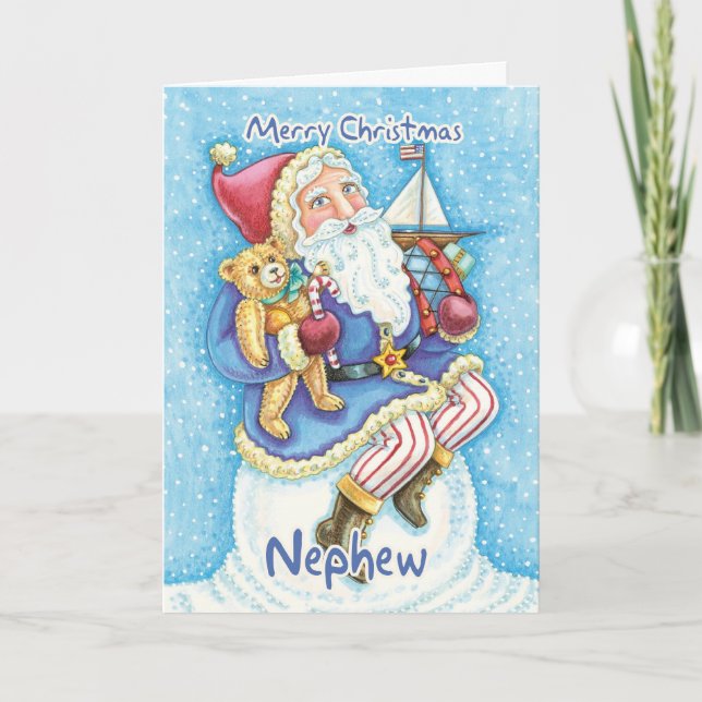 Brorsonjulkort med gulliga Santa och leksaker Helgkort (Framsida)