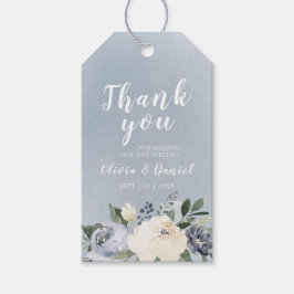 Bröstad botanisk dammig blå blommigt tack presentetikett
