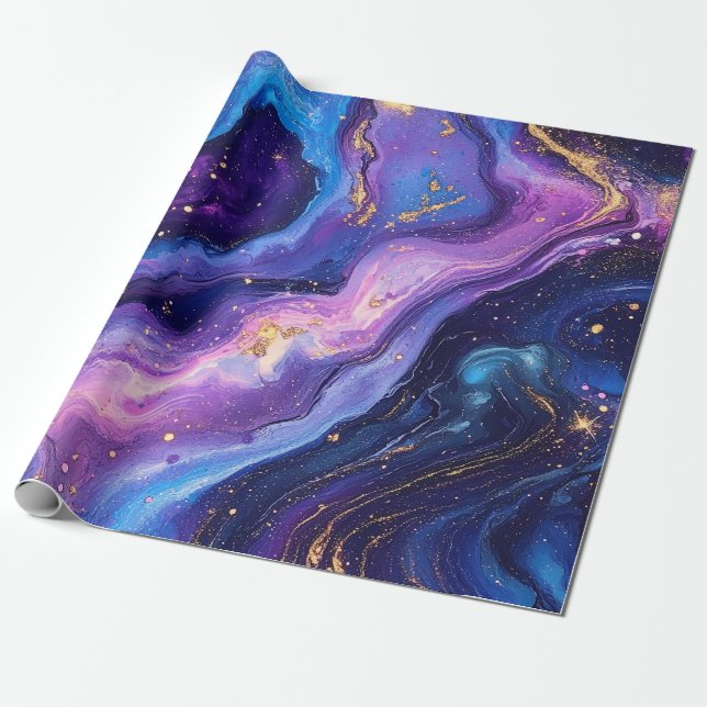 Bröstande Lila Blue Magenta Guld Galaxy Presentpapper (Utrullad)